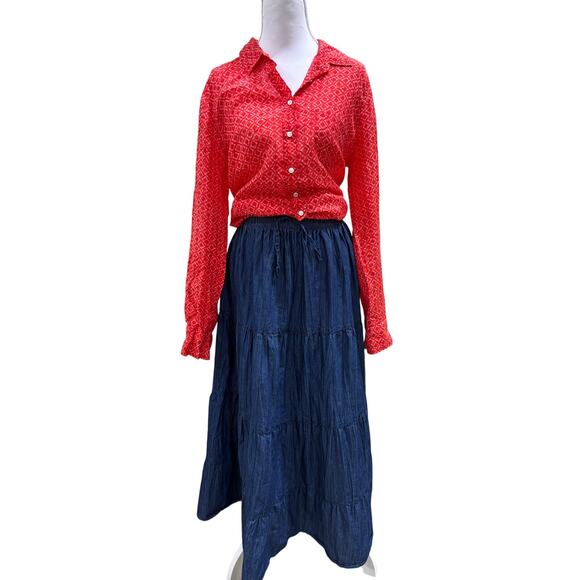 Prairie style Boho Tiered soft Denim Midi Skirt Size 14 Flowy soft girl y2k - Picture 2 of 5
